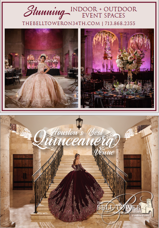 Quinceañera venue ad for The Bell Tower on 34th, featuring two ballgowns and elegant indoor event spaces in Houston.